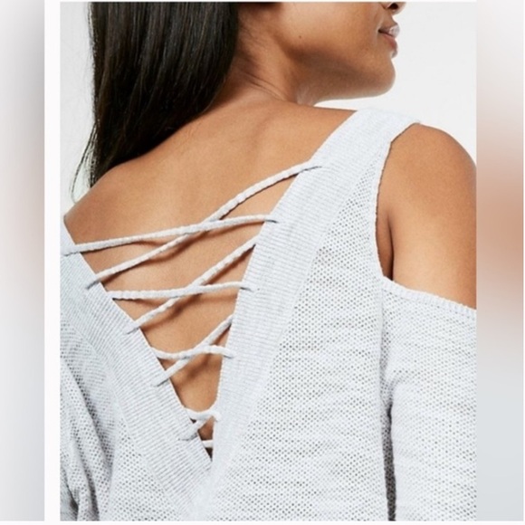 Express Marled Two Way Lace Up Cold Shoulder Tunic Sweater Size Large - Picture 2 of 5